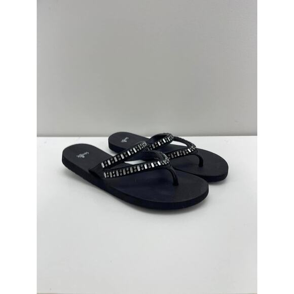 Sanuk Black Celine Crystal Rubber Strap Yoga Mat Thong Sandals - Picture 1 of 8
